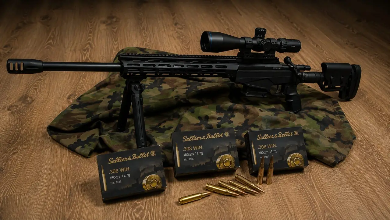 Odstreľovacia puška Tikka T3X TAC A1 s puškohľadom a dvojnožkou, vedľa nábojov Sellier & Bellot .308 Win