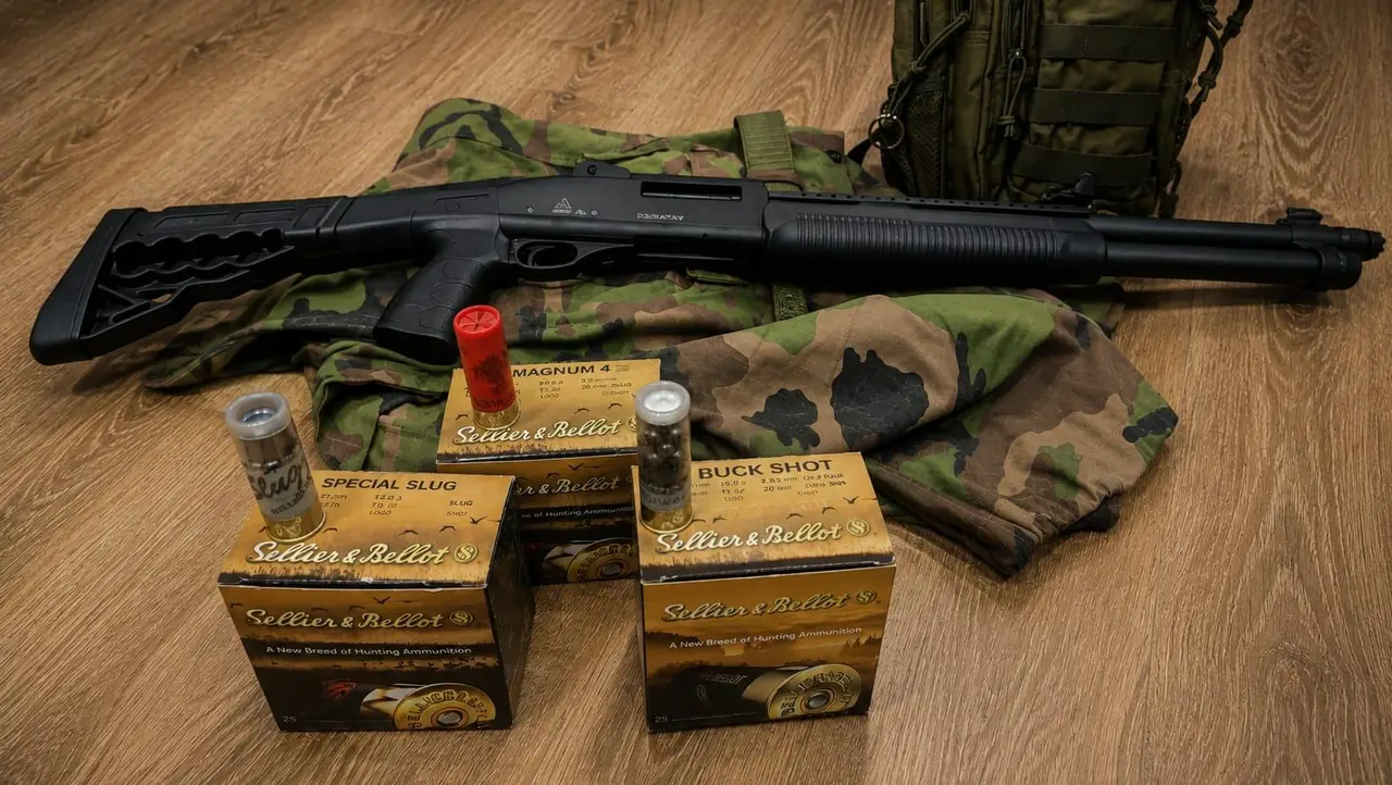 Opakovacia brokovnica Akkar Karatay s nábojmi Sellier & Bellot — jednotná strela, buckshot a magnum