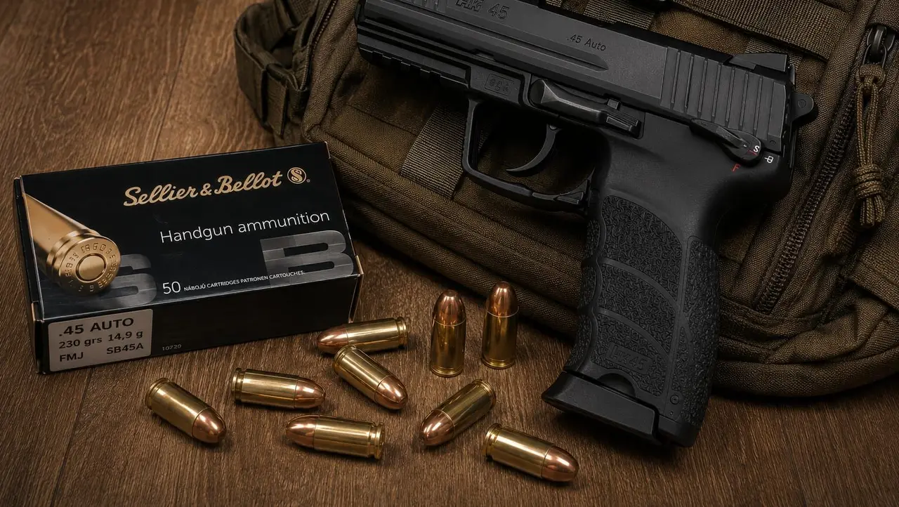 Samonabíjacia pištoľ Heckler & Koch HK45 s nábojmi Sellier & Bellot .45 Auto