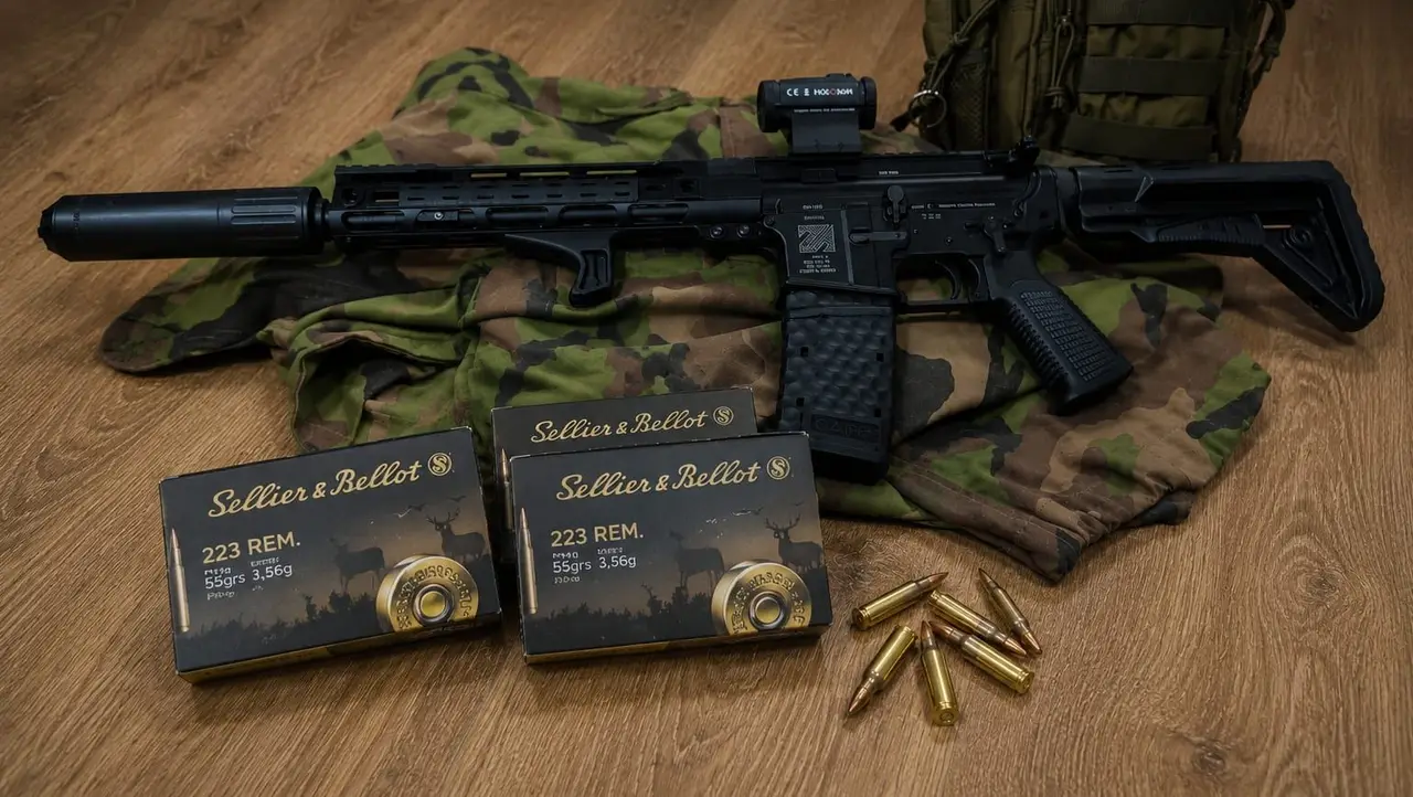 Samonabíjacia karabína AR15 s tlmičom a kolimátorom, vedľa nábojov Sellier & Bellot .223 Rem