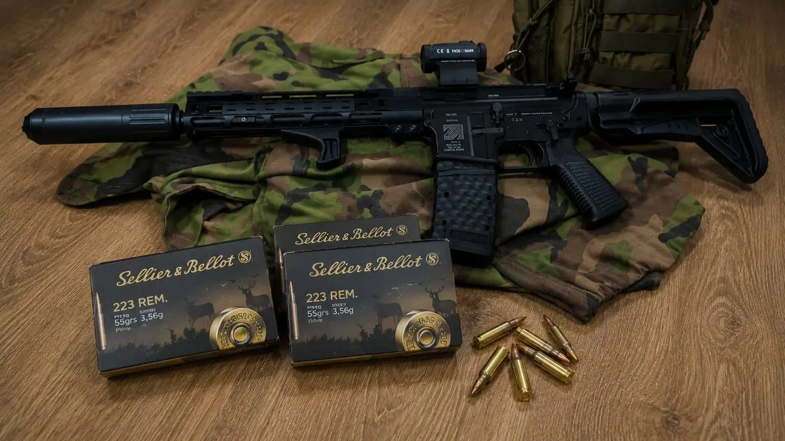 Samonabíjacia karabína AR15 s tlmičom a kolimátorom, vedľa nábojov Sellier & Bellot .223 Rem
